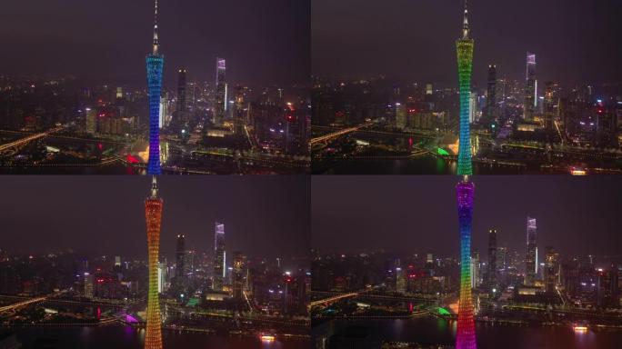 广州市市区滨江日落天空照明著名塔前顶空中全景4k中国