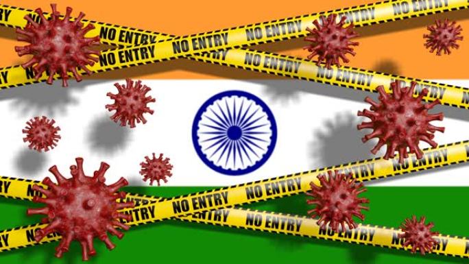 印度国旗和没有入口标志。循环抽象冠状病毒背景