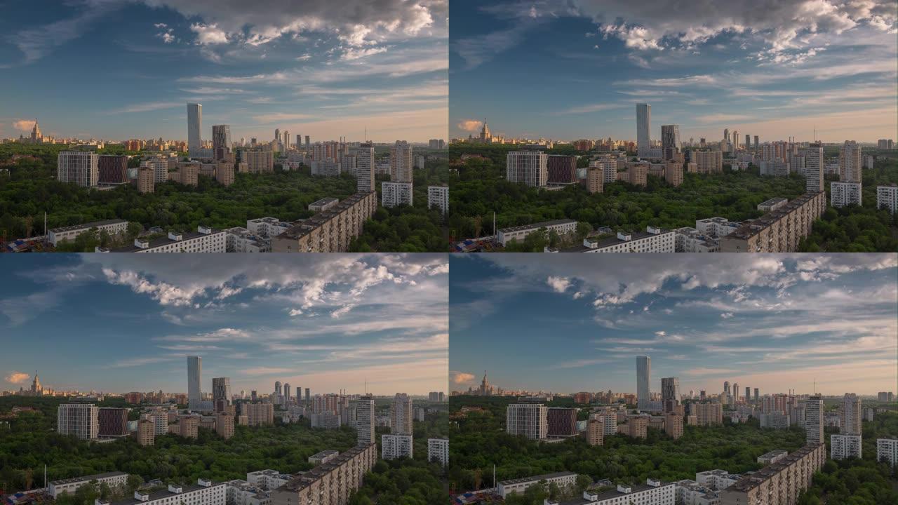 夏季日落莫斯科城市景观豪华公寓建筑屋顶全景4k延时俄罗斯