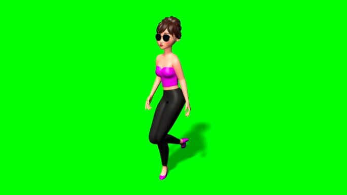 绿色屏幕上的3D步行卡通人物女人