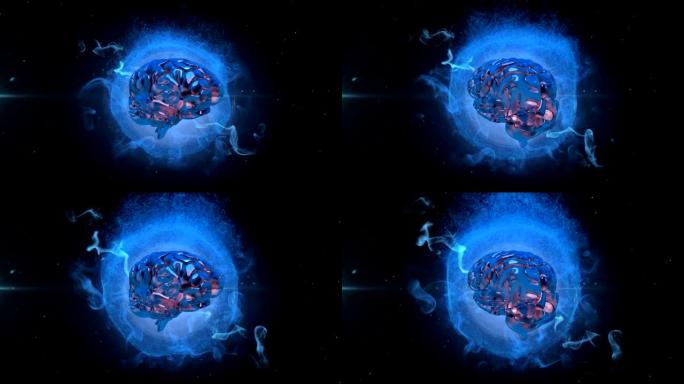 3d金属人脑在黑色背景上旋转的蓝色地球上的动画