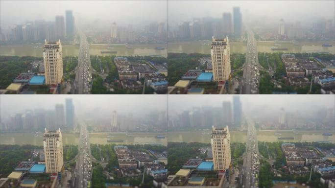 白天时间武汉市著名交通长江大桥空中全景4k倾斜移位中国