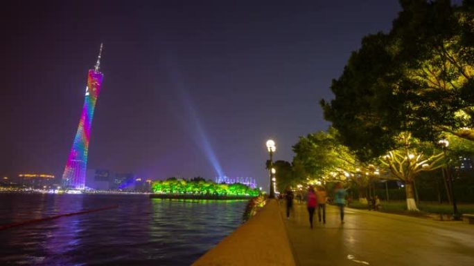 广州市夜间照明河边步行湾塔景观延时视点全景4k中国