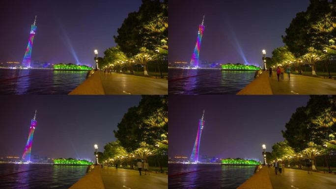 广州市夜间照明河边步行湾塔景观延时视点全景4k中国