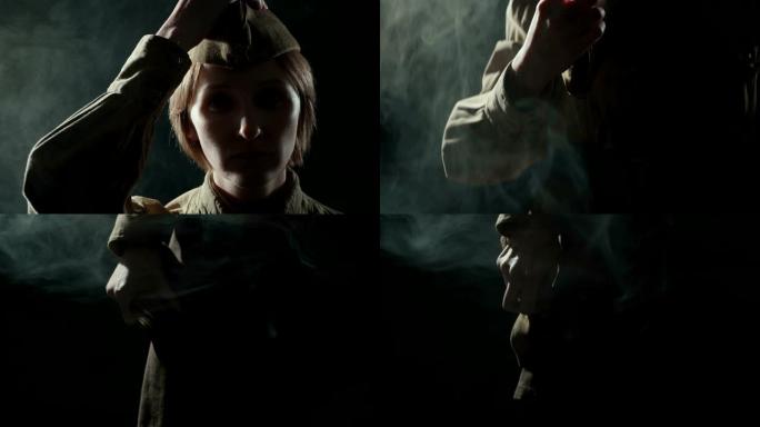 一个穿着苏联制服的年轻女子在阴影下的画面