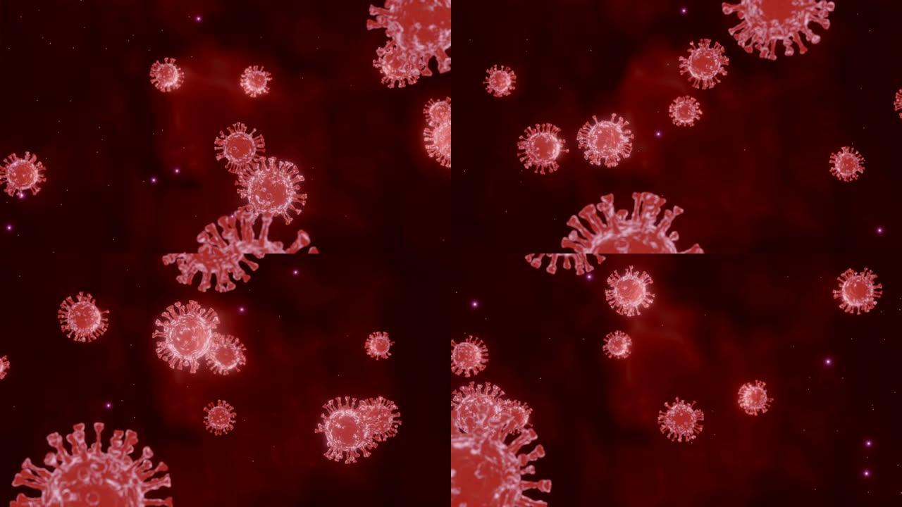 冠状病毒，新型冠状病毒肺炎在显微镜下感染血液。飞行或运动的电晕病毒，流感病毒在红色背景。微生物细菌细
