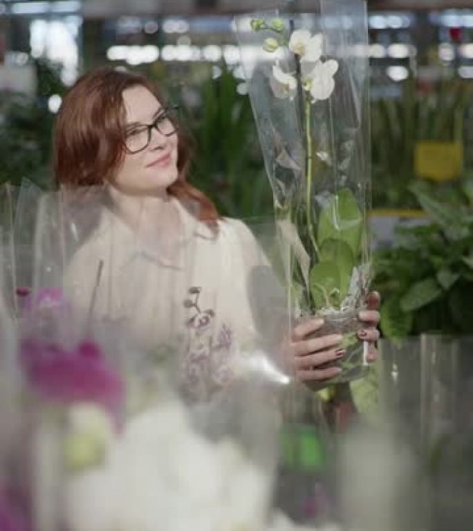 戴眼镜的女性在花店里选择一种植物，漂亮的女孩在温室里拿着一个带有兰花植物的花盆，看着相机，智能手机垂