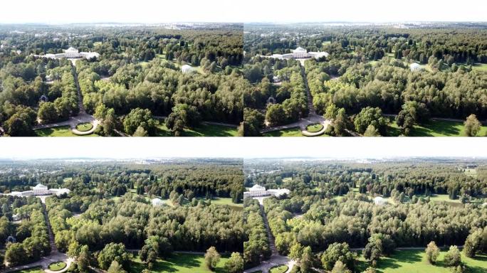 俄罗斯巴甫洛夫斯克全景，从无人机俯瞰巴甫洛夫斯克宫，18世纪，巴甫洛夫斯克公园的俄罗斯皇家住宅神庙
