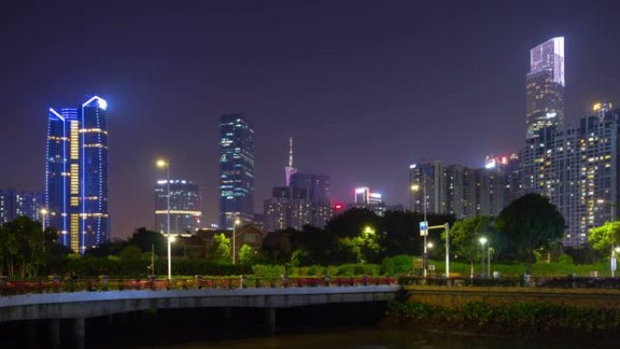 广州市中心夜间交通街河桥延时全景4k中国