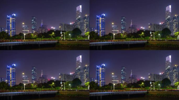 广州市中心夜间交通街河桥延时全景4k中国