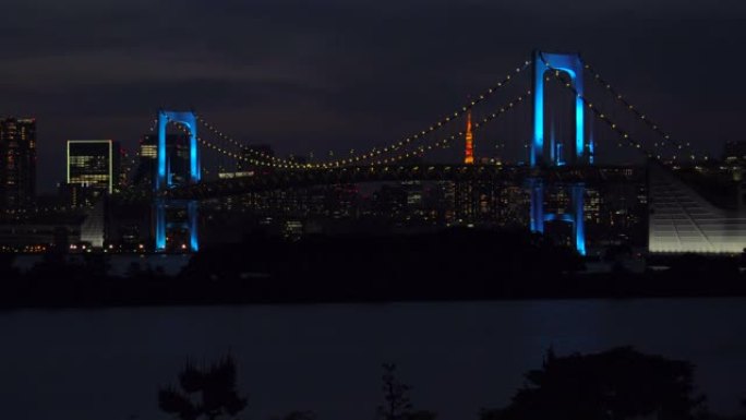 彩虹桥的夜景，由蓝色照亮/对医务人员的支持和感激