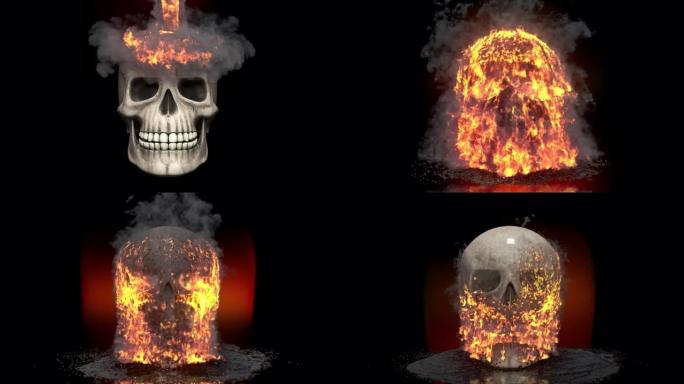 燃烧、蒸腾的液体倒在人类头骨上。带有alpha通道的VFX动画。