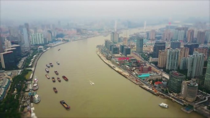 暮色上海交通黄浦江城市景观空中全景4k倾斜移位中国