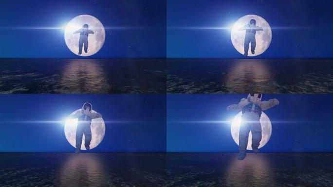 宇航员从月球离开的3d动画。概念关键词-探索和冒险