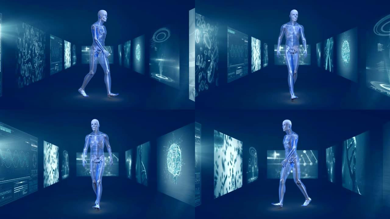 步行3D人与科学家屏幕旋转的动画