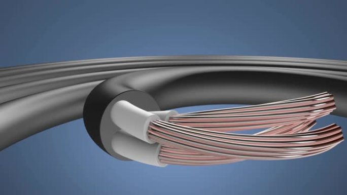 塑料保护中的铜电缆。电线的3D动画。