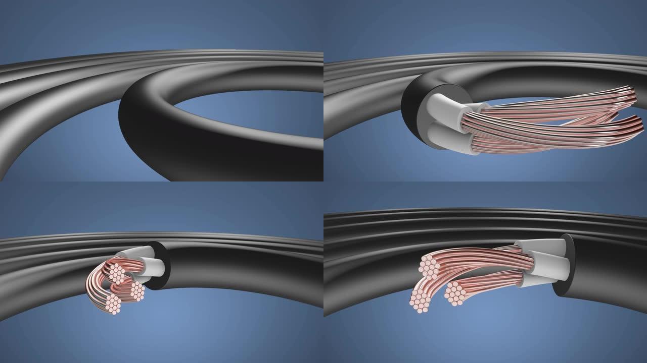 塑料保护中的铜电缆。电线的3D动画。