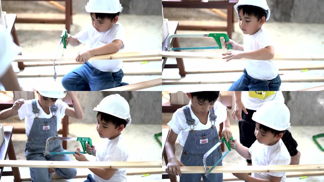 一群亚洲年轻学生在教室里，在学校学习木工。