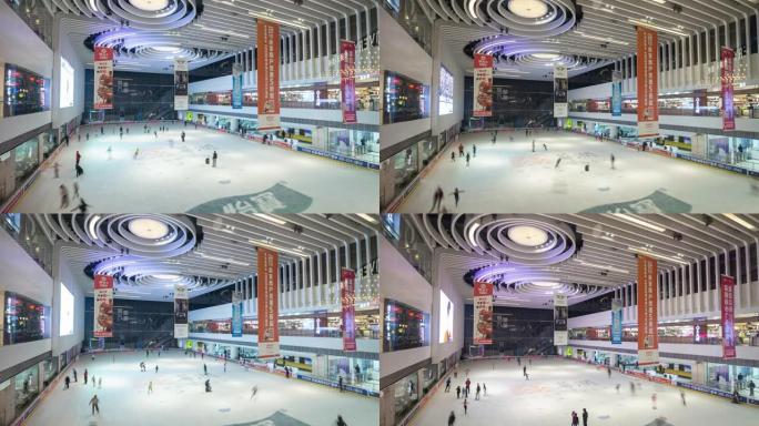 著名的青岛市拥挤的购物中心溜冰场延时全景4k中国