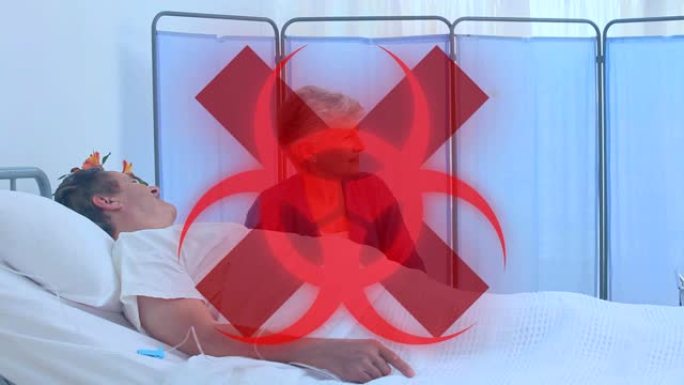 背景中医院病床上的高级患者的健康危害标志。新型冠状病毒肺炎传播