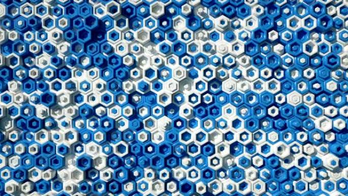 蓝色六边形无缝循环3D渲染动画的抽象图案