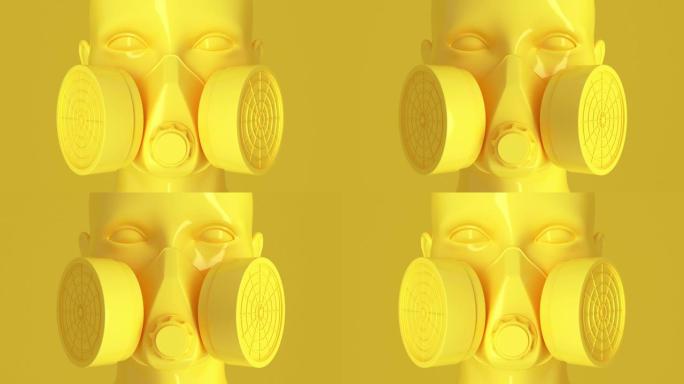在黄色背景上的探照灯的滑动光下，面罩中的女性黄色闪亮的人体模型脸的无缝循环。3D渲染