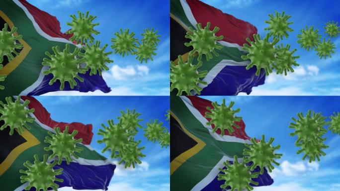 冠状病毒新型冠状病毒肺炎以4k分辨率飞向天空或从南非国旗上清洗