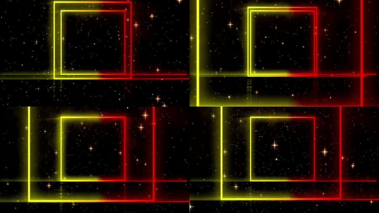 发光明亮的几何正方形隧道的动画，背后有夜空和发光的星星