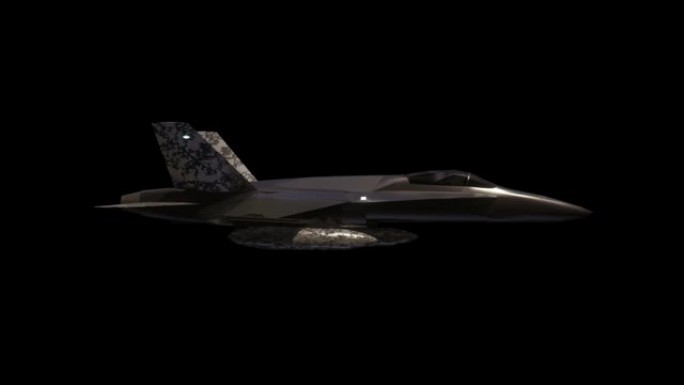 喷气式战斗机。黑色背景上的军用飞机。侧视图。现实的3 d动画。阿尔法通道包括