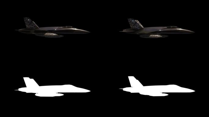 喷气式战斗机。黑色背景上的军用飞机。侧视图。现实的3 d动画。阿尔法通道包括