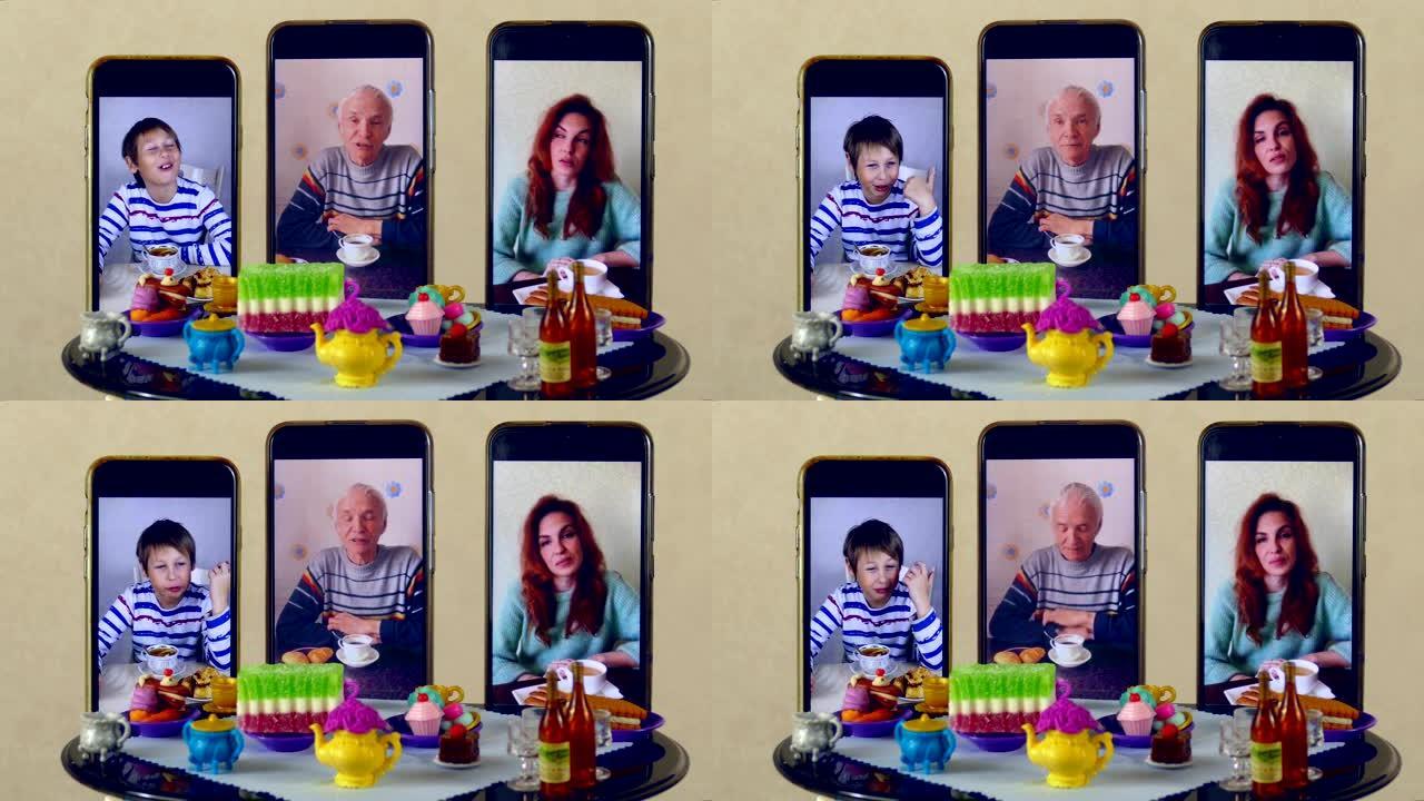 家人使用视频连接在娃娃桌上交流和喝茶