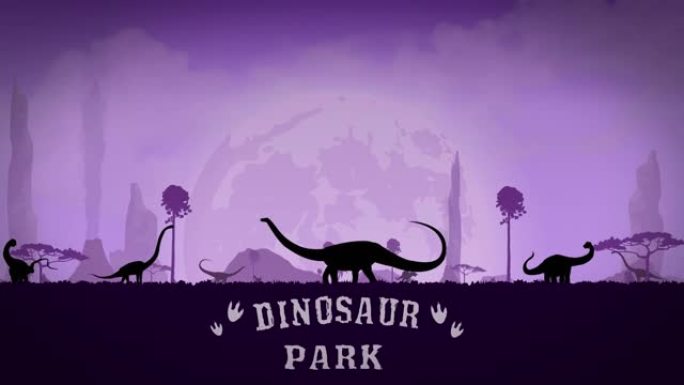 视频恐龙公园。夜空背景下的恐龙剪影。梁龙剪影在恐龙公园散步。