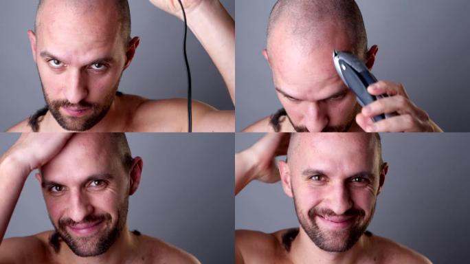 一个男人用理发器剃头