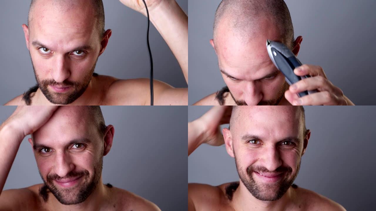 一个男人用理发器剃头