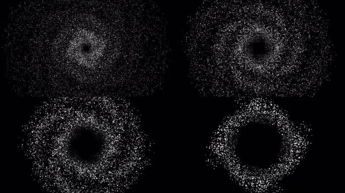 被发光的白星场包围的太空中的黑洞。动画。旋转粒子的美丽宇宙单色景观