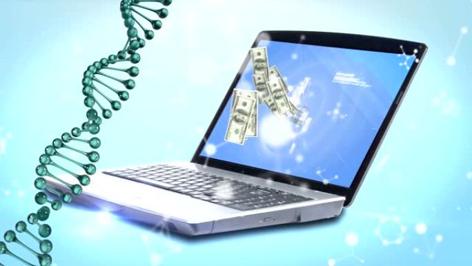 从笔记本电脑中取出的美元钞票旋转的DNA菌株的动画。