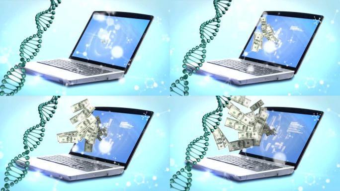 从笔记本电脑中取出的美元钞票旋转的DNA菌株的动画。