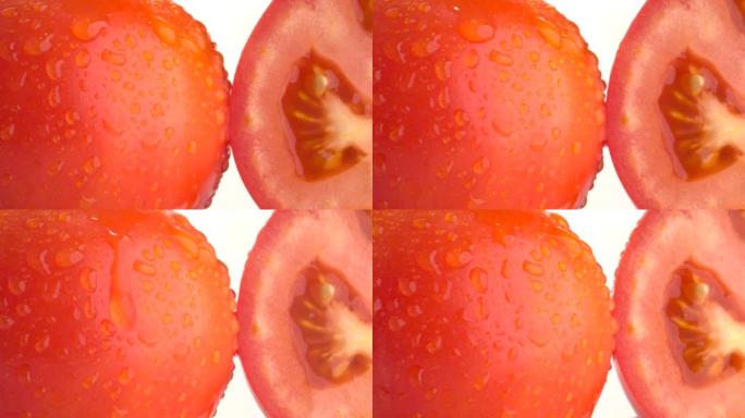 白色背景上的红番茄特写，上面有水露。高清慢动作。