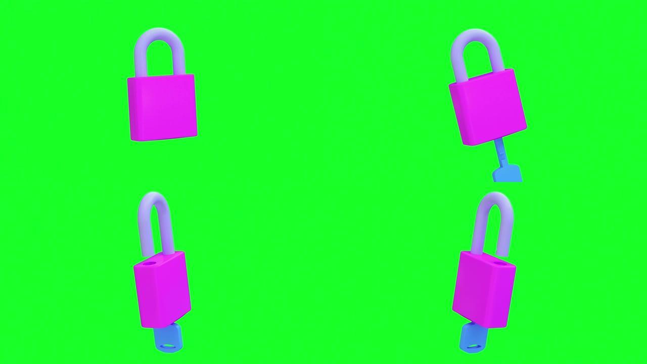 粉色钥匙解锁卡通风格3d渲染运动绿色背景