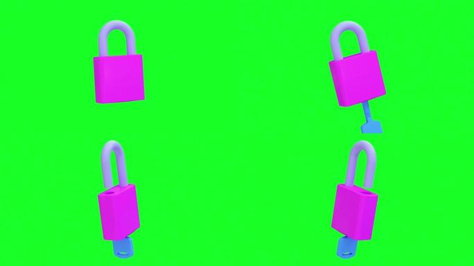 粉色钥匙解锁卡通风格3d渲染运动绿色背景