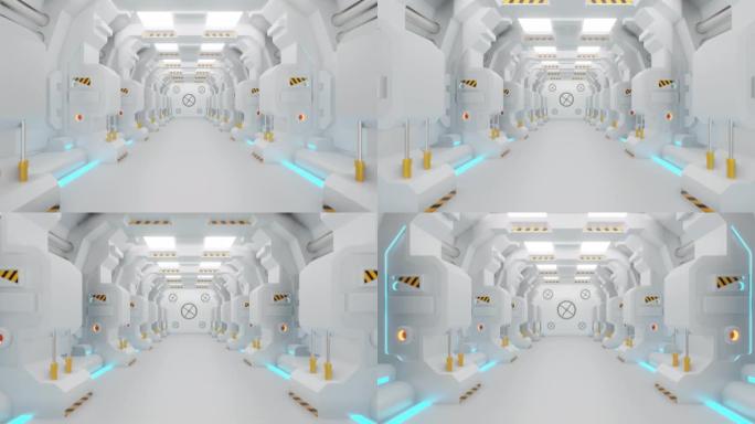 宇宙飞船走廊是一个股票运动图形视频，显示了一个移动的宇宙飞船的内部。POV沿着走廊移动。这个4k视频