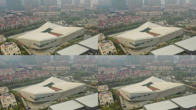 晴天青岛城市全球创意研究中心空中全景4k中国