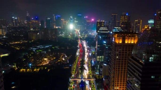 夜光雅加达城市交通街市中心空中延时全景4k印度尼西亚