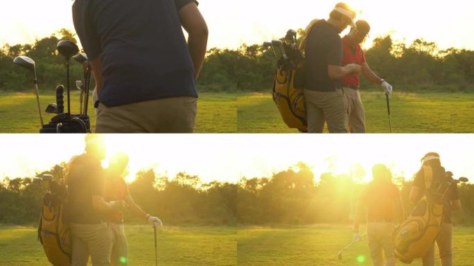 高尔夫球手和球童富豪向光阳光光斑