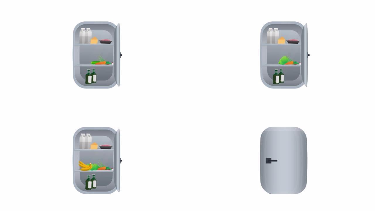 冰箱。带食物的冰箱动画。卡通