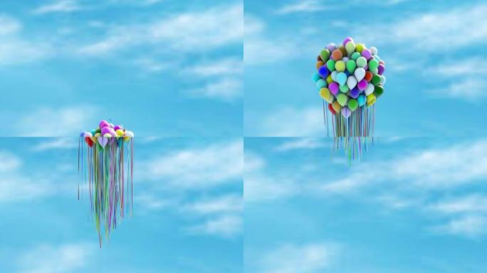 蓝色天空中巨大的多色气球束。3d渲染