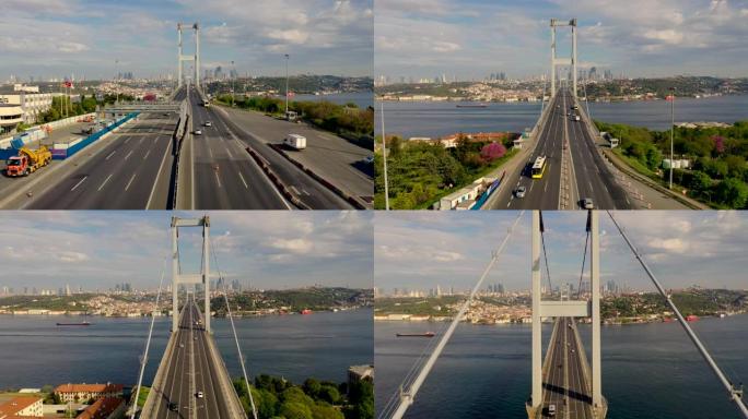 Bogazici桥也被称为7月15日烈士桥，来自伊斯坦布尔Turkiye的无人机鸟瞰图。