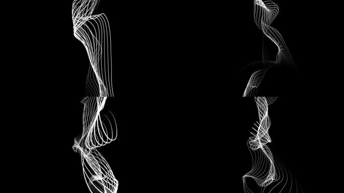 黑色背景下的抽象可循环运动白色挥动线纹理。网络技术数字景观背景