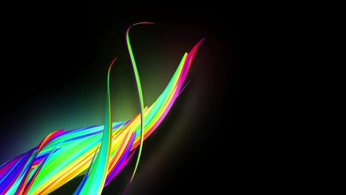 4k彩色带流在霓虹灯下飞过相机。扭曲的彩虹色渐变条纹像油画一样作为美丽的创意背景。亮度哑光作为阿尔法