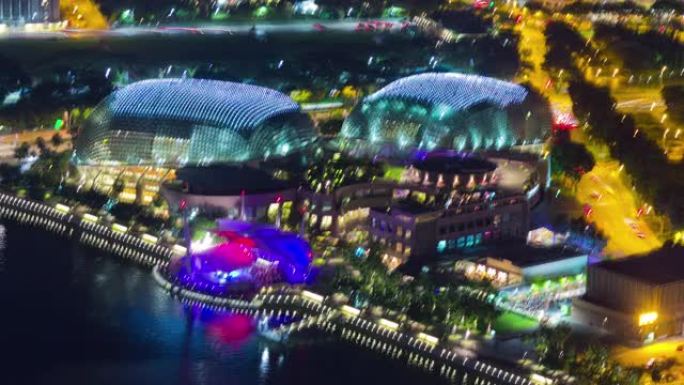 夜间照明新加坡著名滨海剧院海湾屋顶全景4k延时